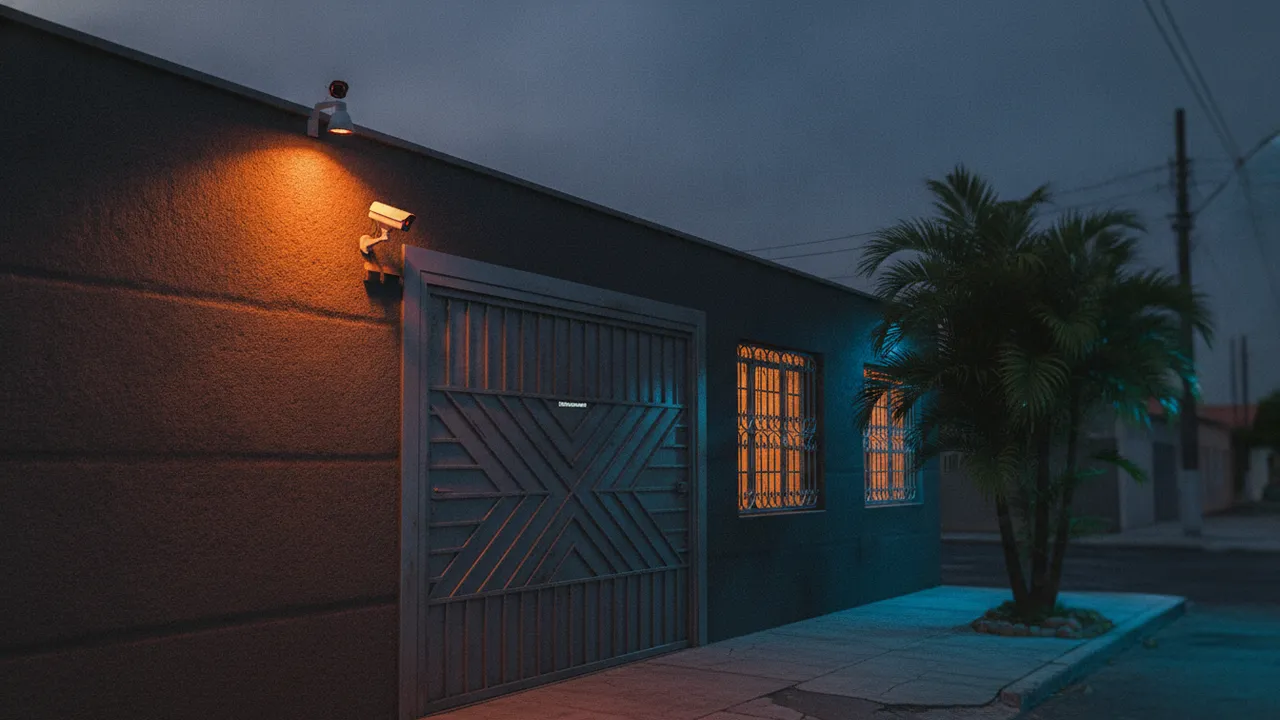 Fachada de casa ao anoitecer com câmera de segurança instalada acima do portão da garagem