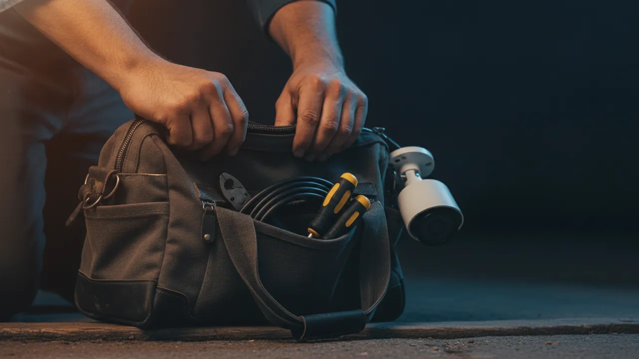 Bolsa de ferramentas de instalador com câmera, cabo coaxial, alicate de crimpar e chaves