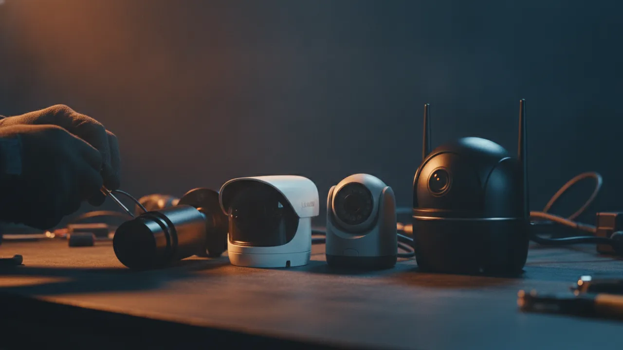 Quatro modelos de câmera de segurança lado a lado numa bancada: bullet, dome, turret e PTZ