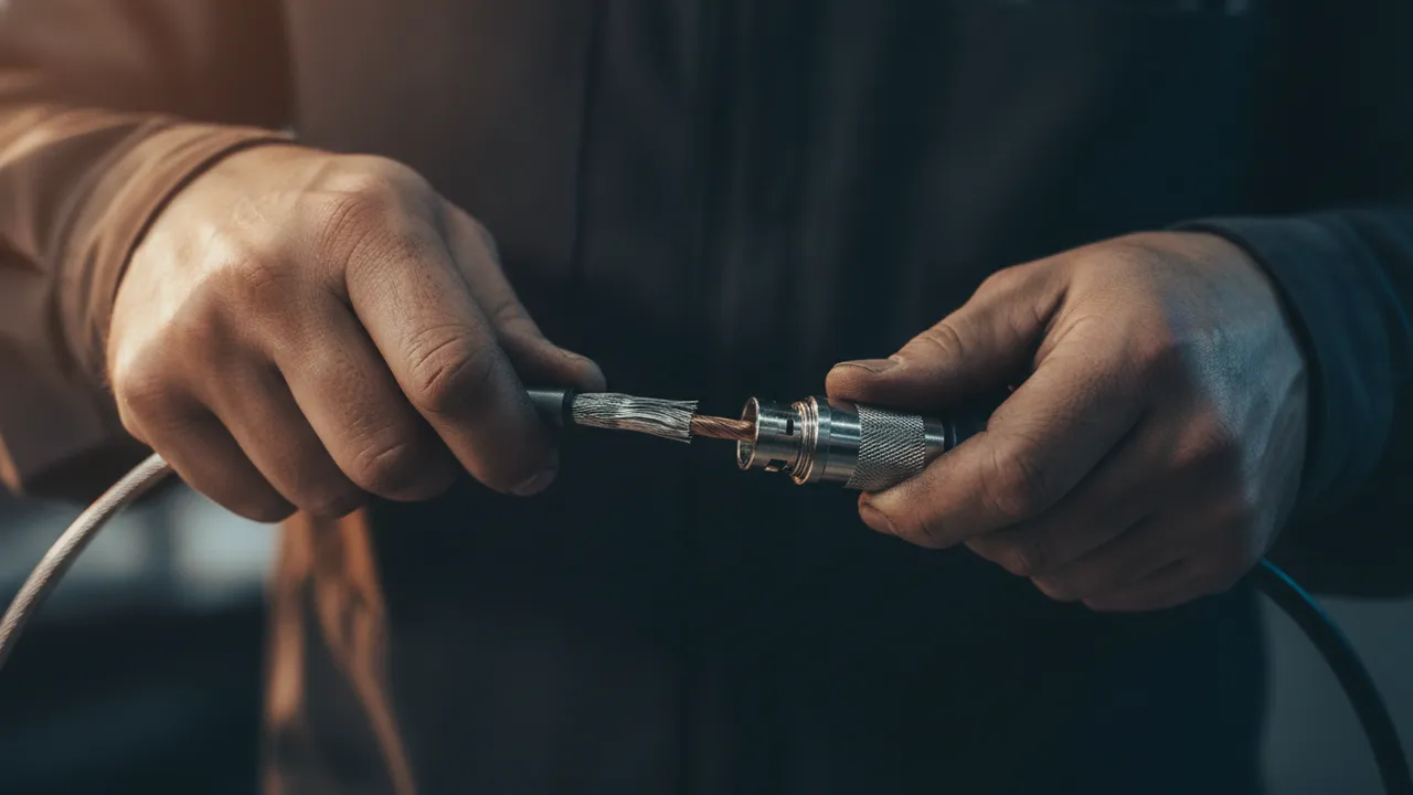 Close das mãos do técnico rosqueando um conector BNC na ponta do cabo coaxial decapado