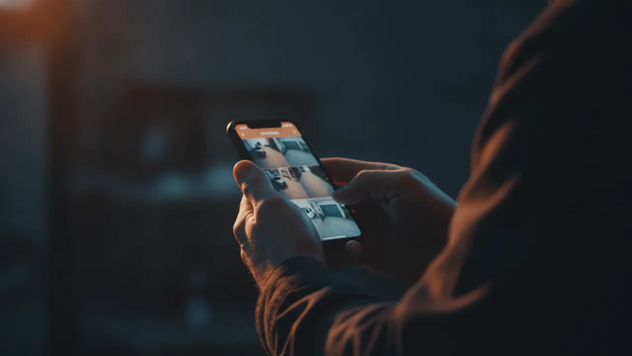 Celular na mão exibindo quatro câmeras ao vivo em grade, à noite