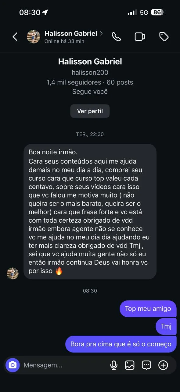 Aluno agradecendo: comprei seu curso, valeu cada centavo