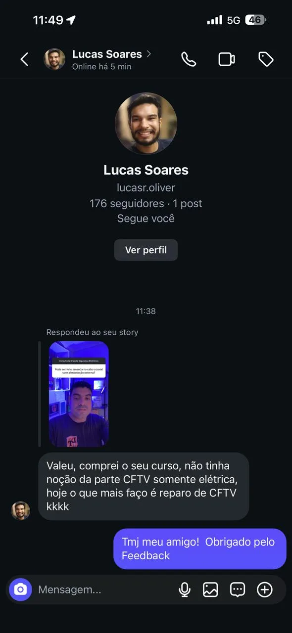 Aluno Lucas: comprei seu curso, hoje o que mais faço é reparo de CFTV